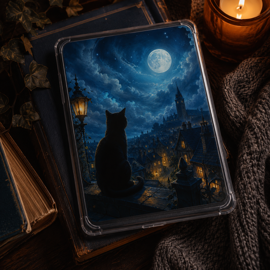 Moonlit Watch Familiar Kindle insert beneath a clear case with a black cat, full moon, gothic city rooftops, lanterns, and distant castle