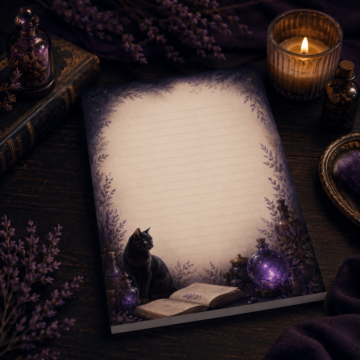 5x7 handmade lined witchy notepad with a black cat, lavender botanicals, glowing purple crystal ball, spell bottles and open book.