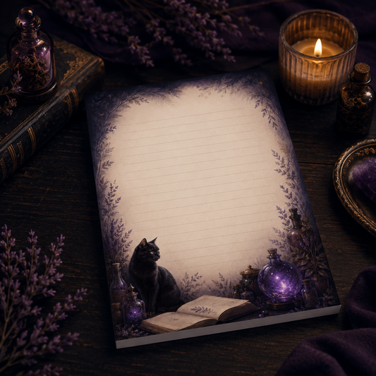 5x7 handmade lined witchy notepad with a black cat, lavender botanicals, glowing purple crystal ball, spell bottles and open book.
