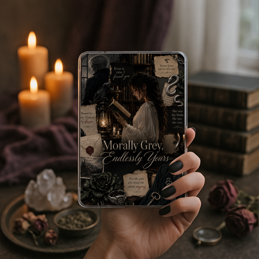A hand with dark nail polish holds a clear-bordered rectangular frame or phone case displaying a lush green gothic library interior with tall arched windows, candles, books, and dried flowers in the blurred background.