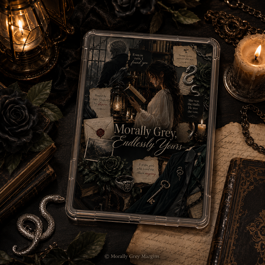 Dark romantasy Kindle insert collage with woman reading, shadowed man, black roses, chains, snake and morally grey romance quotes