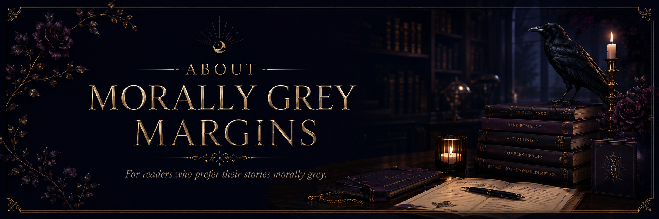 Dark, luxurious Morally Grey Margins About Us banner featuring an atmospheric library, raven, candles, stacked books, and antique-gold lettering.