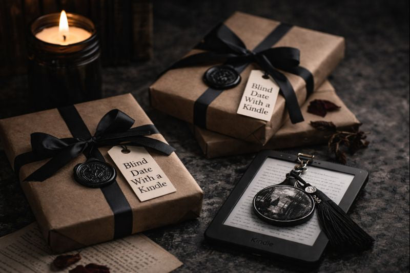 Moody reading nook with wrapped books, candlelight, and a Kindle resting on open pages, styled in a dark romance and romantasy aesthetic