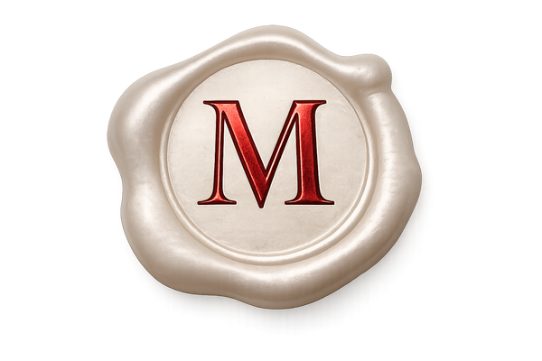 Morally Grey Margins wax seal logo featuring a metallic red letter M on an ivory seal.