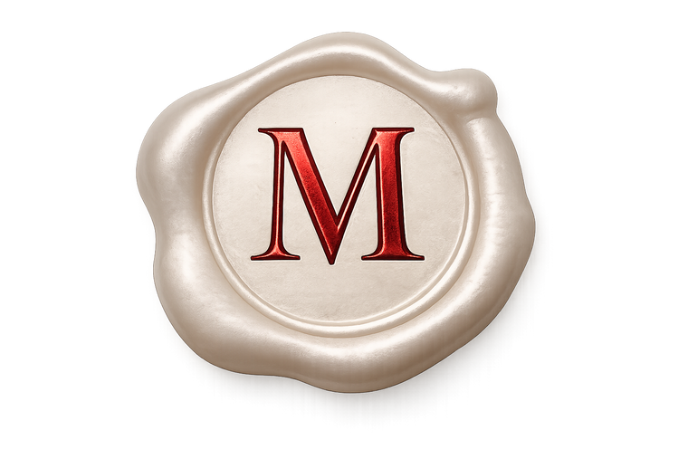 Morally Grey Margins wax seal logo featuring a metallic red letter M on an ivory seal.