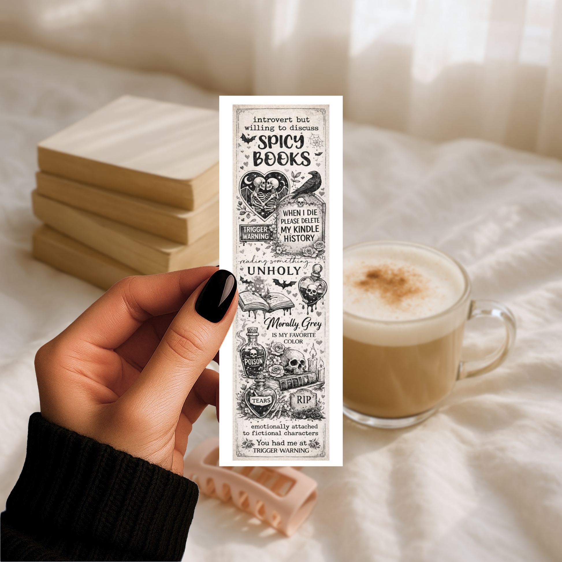 Vintage style spicy books bookmark with skeletons, potions, candles, and dark romance reader quotes