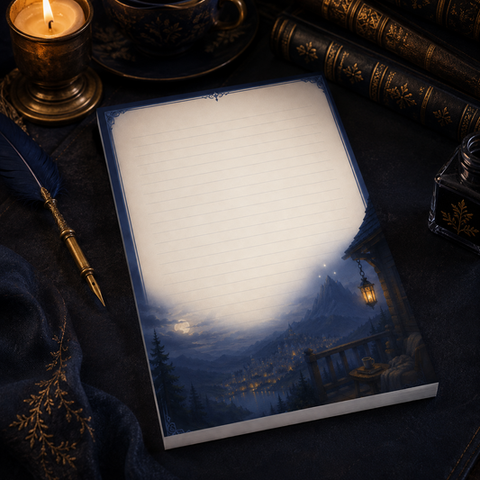 5x7 handmade lined notepad with a dark blue fantasy mountain village, moonlit lake, cabin lantern and bookish night scenery.