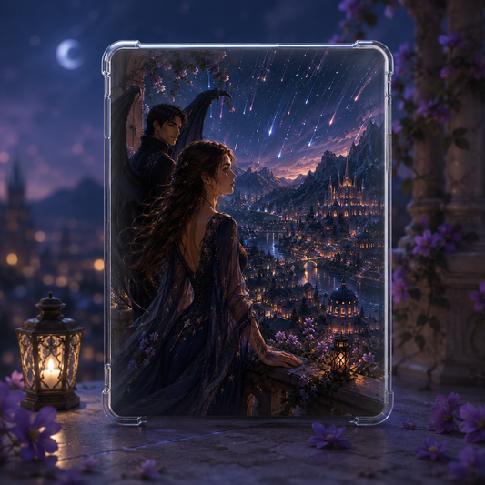 Starry night fae romance Kindle insert with winged male figure, woman on balcony, mountain city and meteor-filled sky