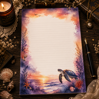 Ocean Dreams lined 5×7 notepad featuring watercolor sea turtle artwork, ocean sunset, coral, and seashells.

