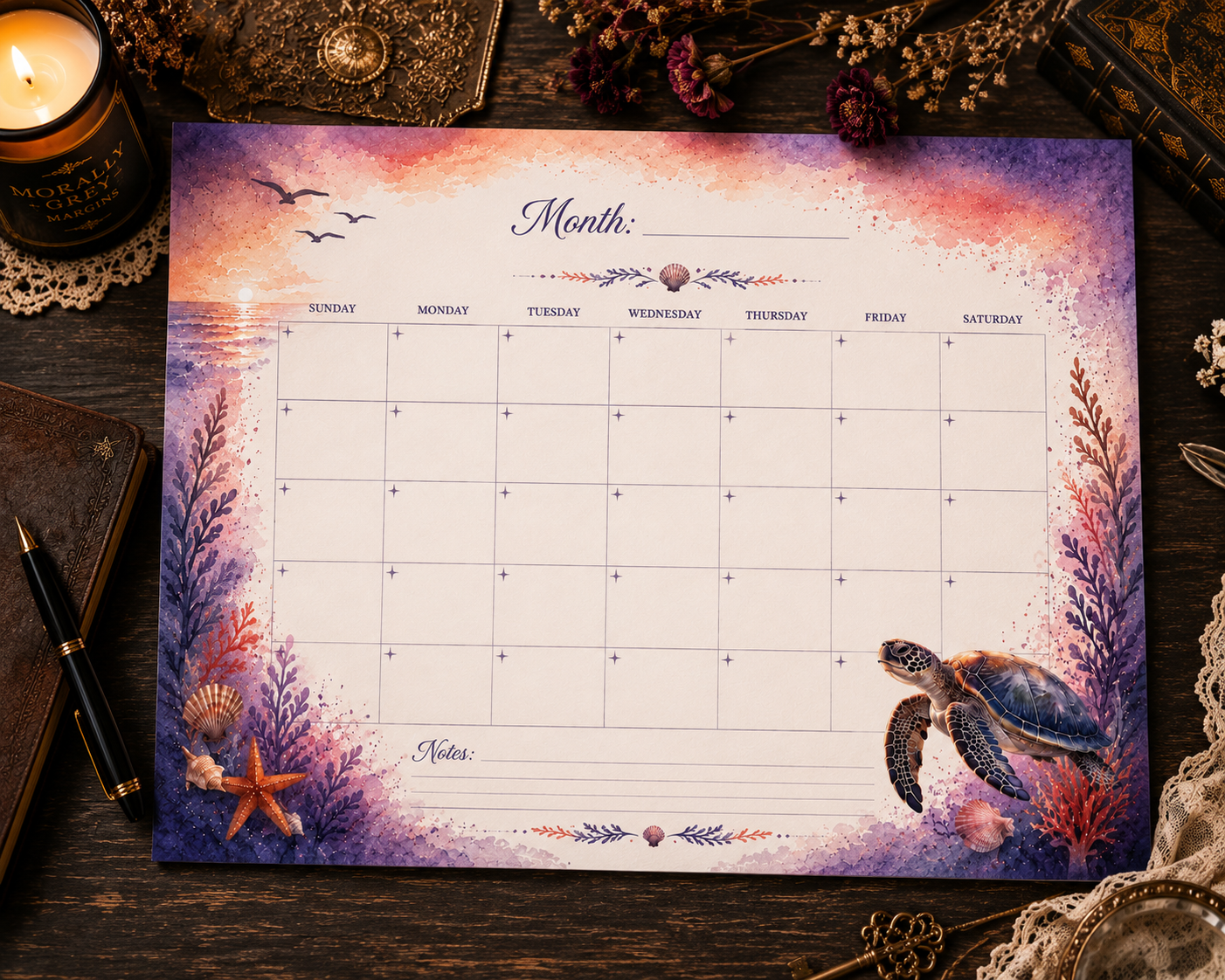Ocean Dreams monthly desk calendar featuring watercolor sea turtle artwork, coral, seashells, and an undated 8.5×11 monthly planner layout.

