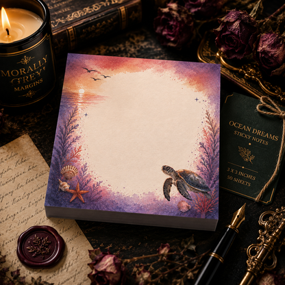 Ocean Dreams sticky note pad featuring watercolor sea turtle artwork, coral, and a coastal sunset on a premium 3x3 memo pad.