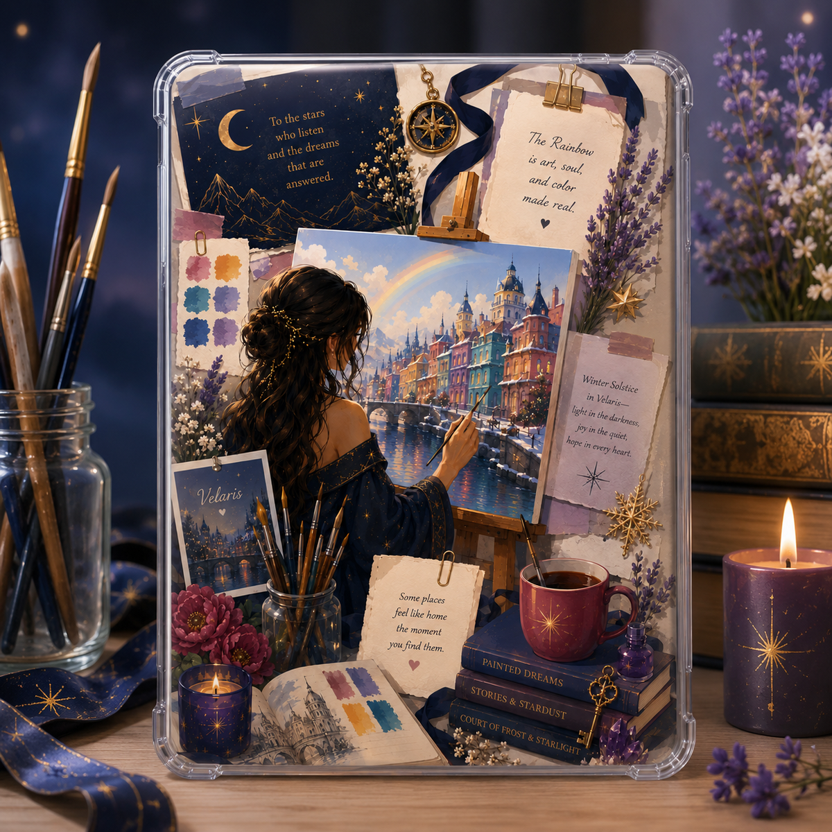 Romantasy Kindle insert collage with an artist painting a colorful fantasy city, rainbow, stars, lavender and painterly ephemera.