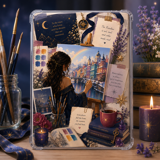 Romantasy Kindle insert collage with an artist painting a colorful fantasy city, rainbow, stars, lavender and painterly ephemera.