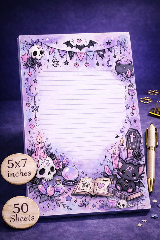 Pastel goth themed 5x7 lined notepad with cute spooky bat, crystals, candles, skulls, and witchy aesthetic, 50 sheets, handmade stationery