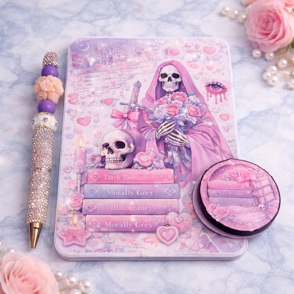 Pastel goth dark romance Kindle insert with skull and pink floral aesthetic  
