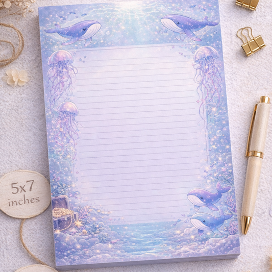 Pastel ocean themed 5x7 lined notepad with whales and jellyfish, 50 pages, handmade printed and assembled in-house