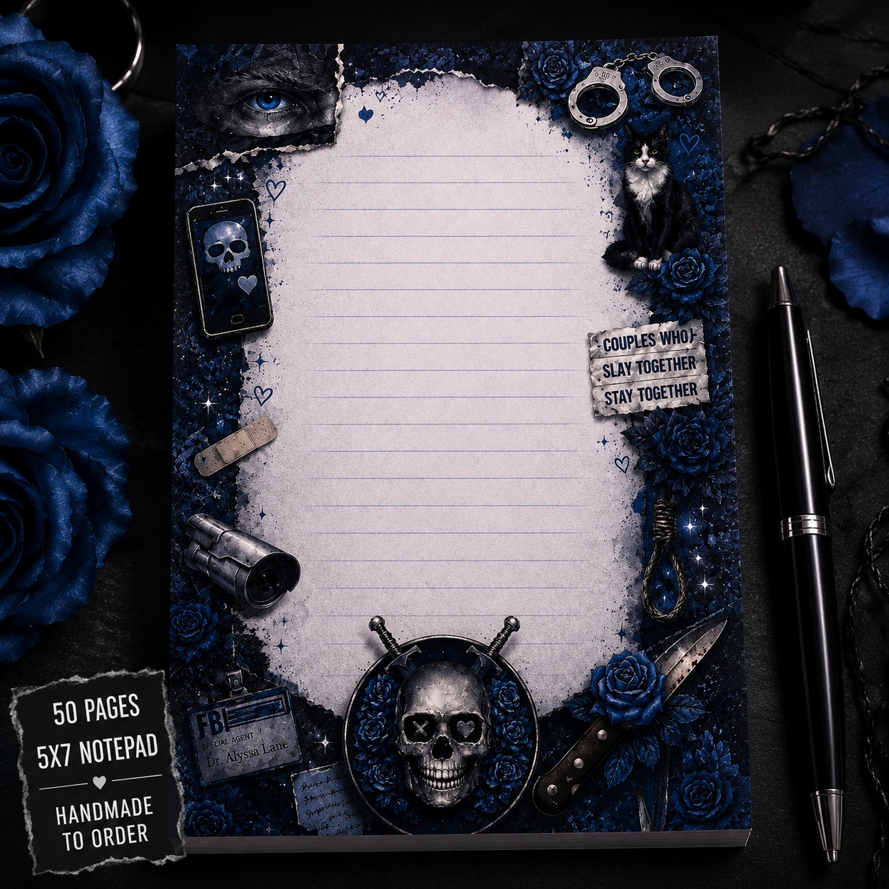 Gothic-themed notepad with decorative elements on a dark background