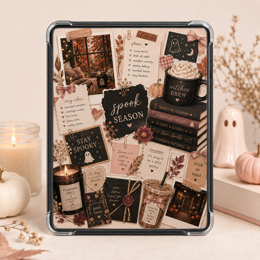Pink spooky season Kindle insert with ghost pumpkin coffee books and cozy fall collage.