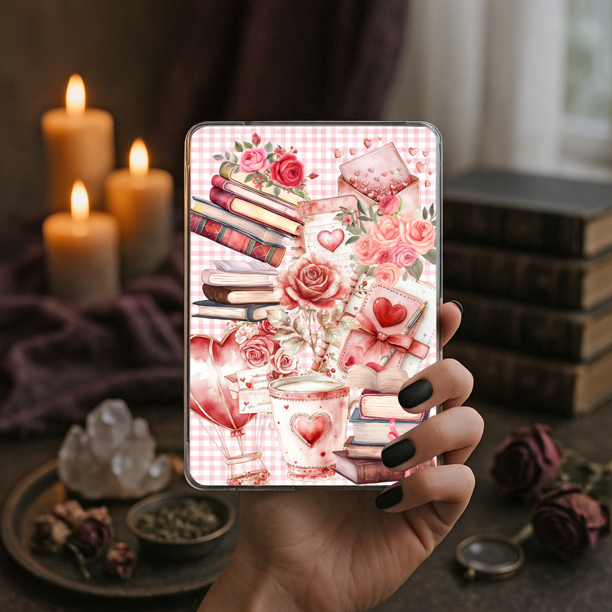 Pink Valentine books and roses Kindle insert with romantic cozy bookish aesthetic and heart decor