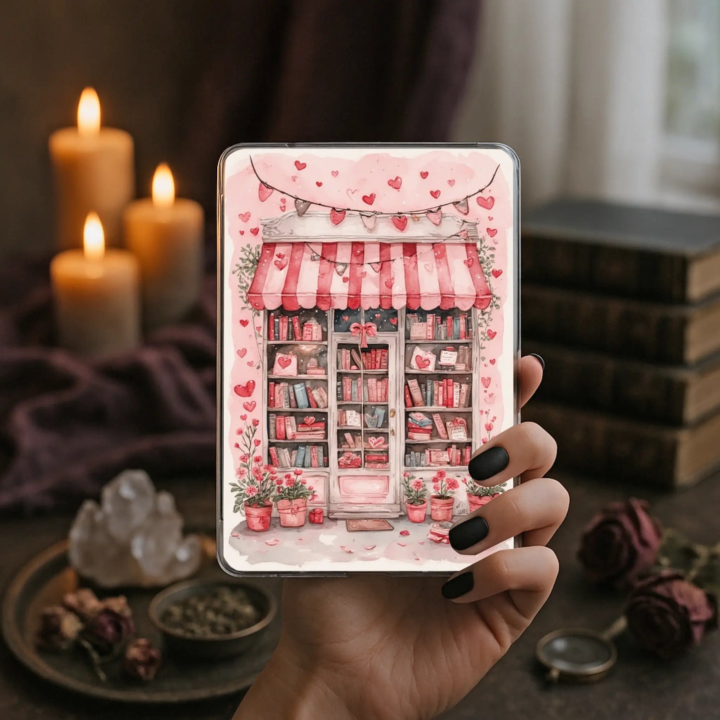 Pink Valentine bookshop Kindle insert with romantic bookish aesthetic, hearts, books, and cozy reading decor