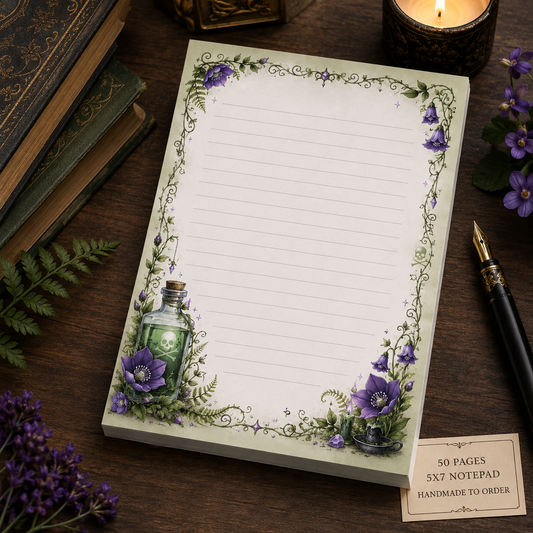 5x7 handmade lined dark botanical notepad with purple flowers, winding vines, green poison bottle, crystal accents and gothic bookish details.