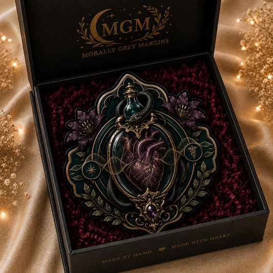Dark fantasy MagSafe Kindle grip with anatomical heart in glass, black snake, purple lilies, green and gold ornate details