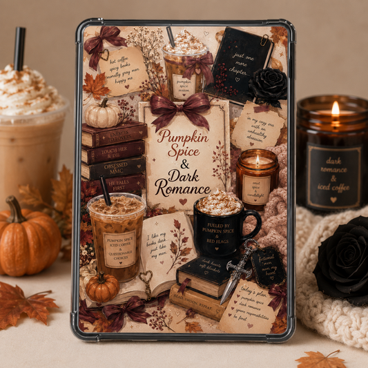Fall dark romance Kindle insert collage with pumpkin spice iced coffee, burgundy bows, black roses, romance books and autumn pumpkins.