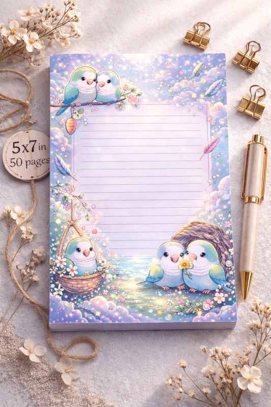 Cute pastel Quaker parrot themed 5x7 lined notepad with birds, flowers, and feathers, 50 pages, handmade stationery
