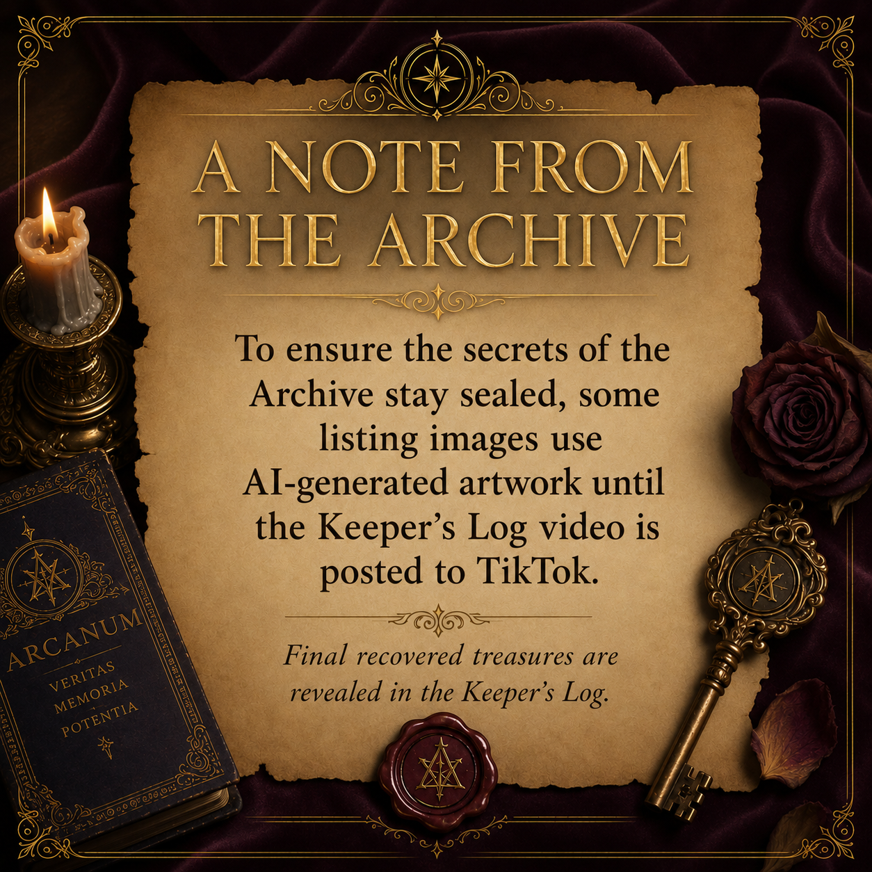 A parchment-style note reading 'A NOTE FROM THE ARCHIVE' is centered on a dark purple background with gothic props including a candle, an open book labeled 'ARCANUM', a rose, and a large ornate key. The note explains that listing images use AI-generated artwork until the Keeper's Log video is posted to TikTok.