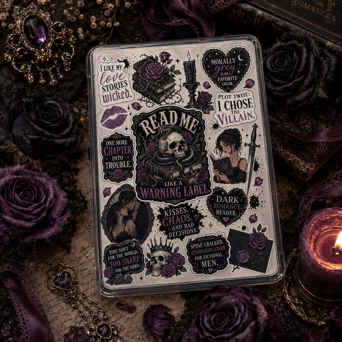 Purple and black dark romance Kindle insert collage with skulls, roses, snake, villain reader quotes and warning label typography