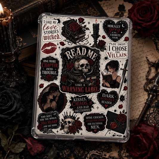 Red and black dark romance Kindle insert collage with skulls, roses, snake, villain reader quotes and warning label typography