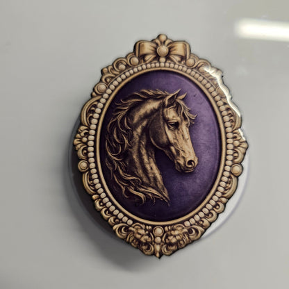 Regency inspired horse cameo magnetic Kindle grip with ornate gold frame and plum background
