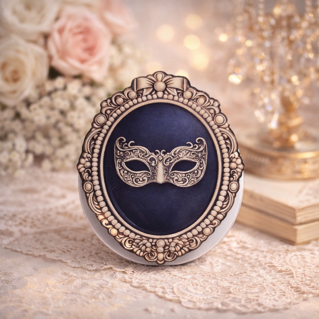 Regency masquerade inspired magnetic Kindle grip with ornate vintage frame design on neutral background
