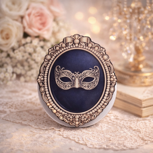 Regency masquerade inspired magnetic Kindle grip with ornate vintage frame design on neutral background
