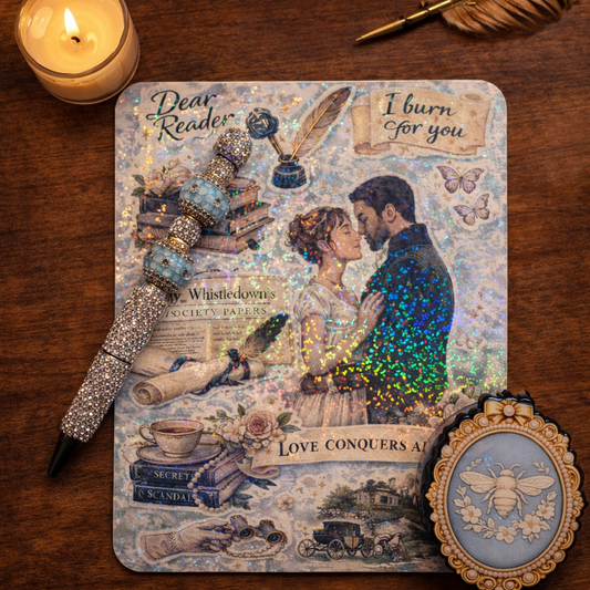 Blue regency romance aesthetic holographic Kindle insert for clear case with vintage society paper collage
