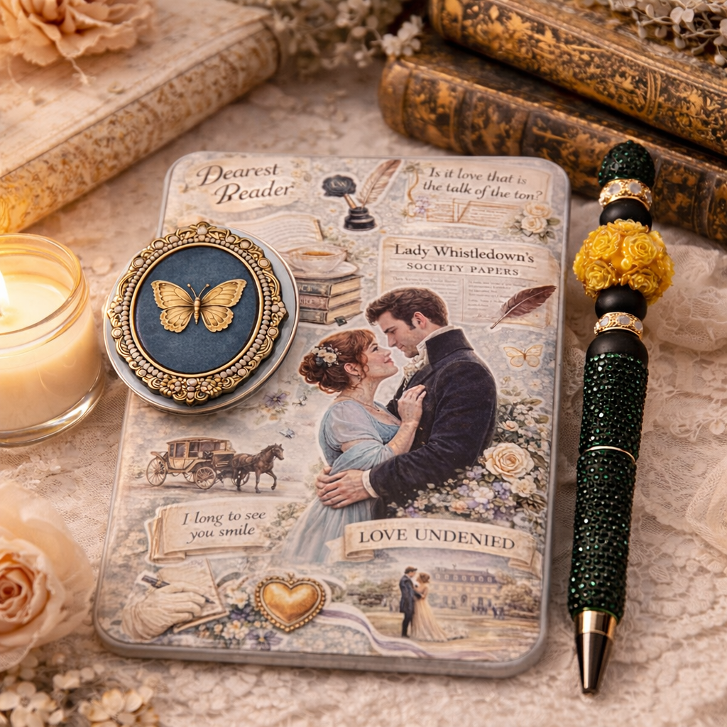 Regency romance Kindle accessory set with matching insert, butterfly cameo MagSafe grip, and handmade beaded pen