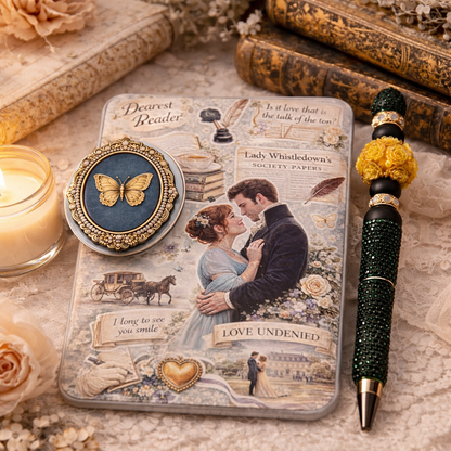 Regency romance Kindle accessory set with matching insert, butterfly cameo MagSafe grip, and handmade beaded pen