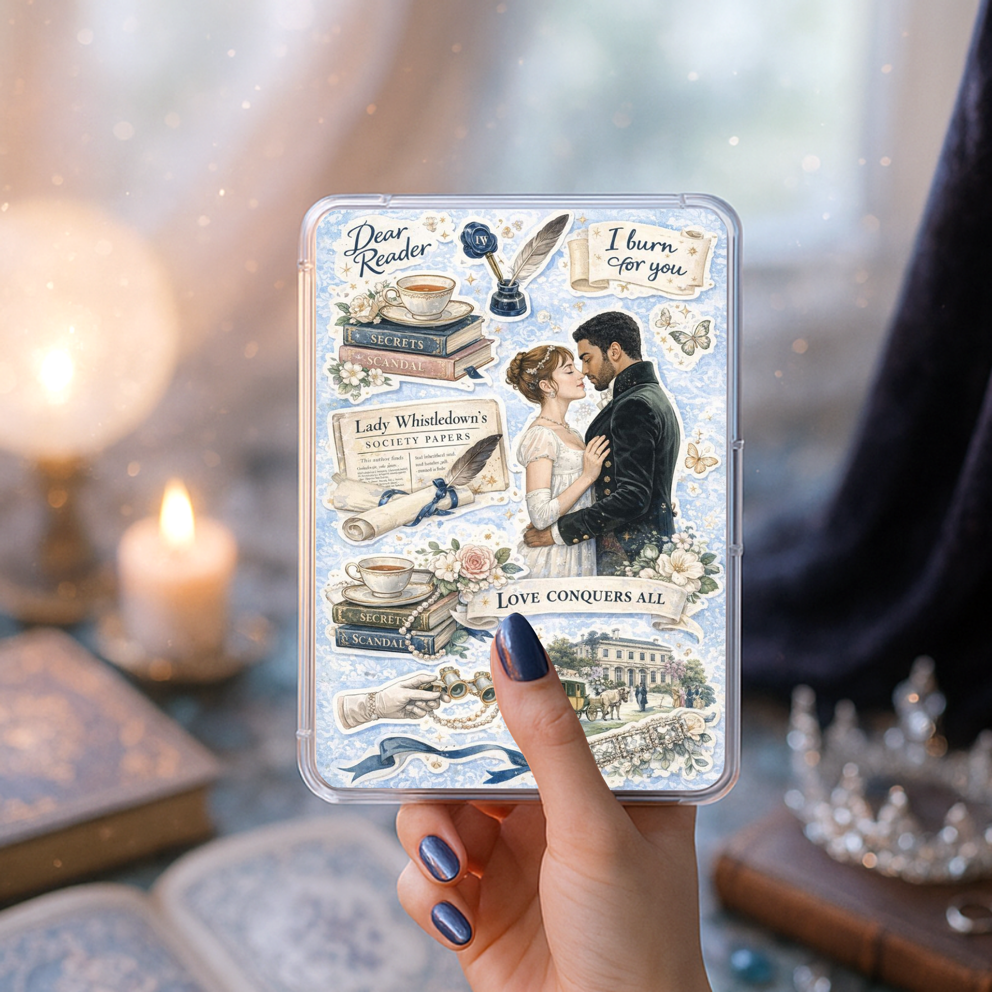Regency romance inspired Kindle insert with vintage society papers and romantic bookish collage
