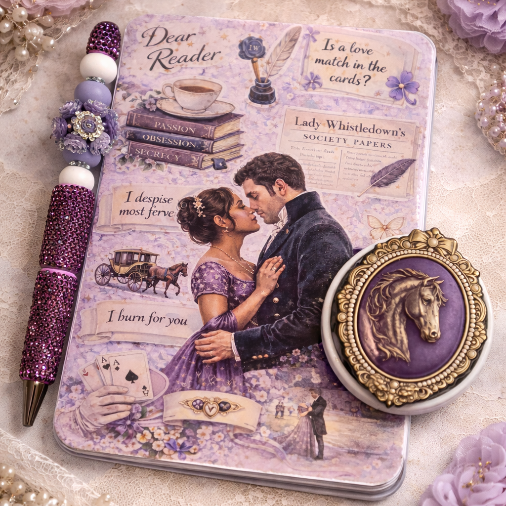 Lavender regency romance aesthetic Kindle insert with vintage society paper collage and romantic couple
