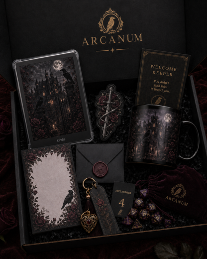 Black Arcanum recovery box with candle, chalice, key, dice, cards, pen, and wax-sealed envelope