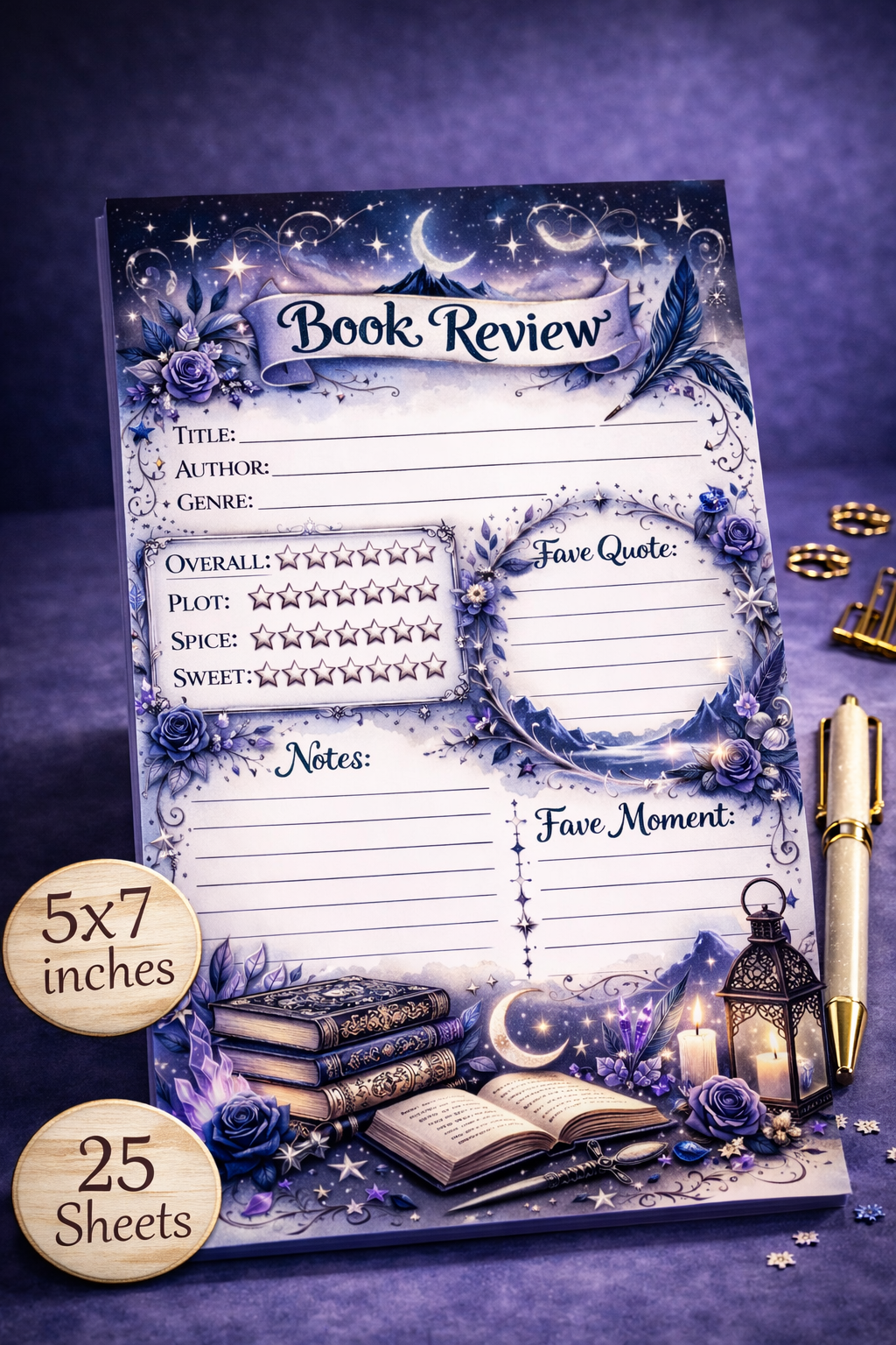 Romantasy themed 5x7 book review notepad with celestial design, rating stars, favorite quote section, 25 sheets, handmade reader stationery