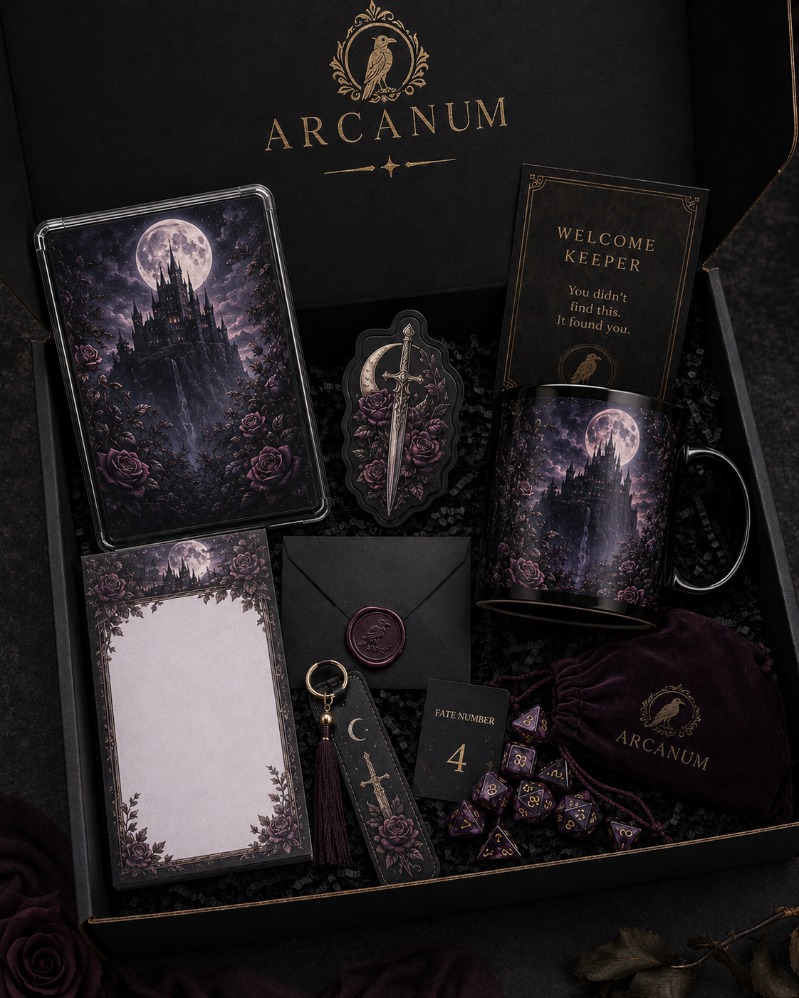 Purple gothic Arcanum treasure box with candle, journal, dice, charms, and matching reader accessories