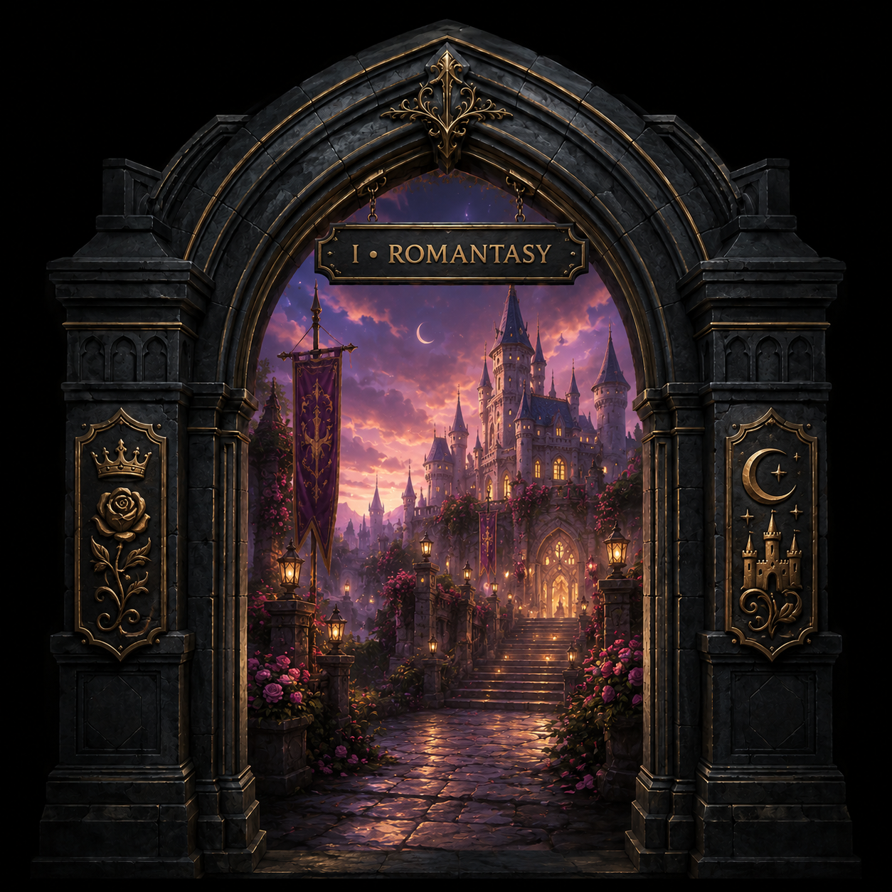 A gothic fantasy artwork showing a dark stone archway with ornate gold detailing, framing a magical castle scene at dusk under a purple and pink sky. The arch has decorative panels with a crown and moon motif, and a sign above reads “I • ROMANTSY.