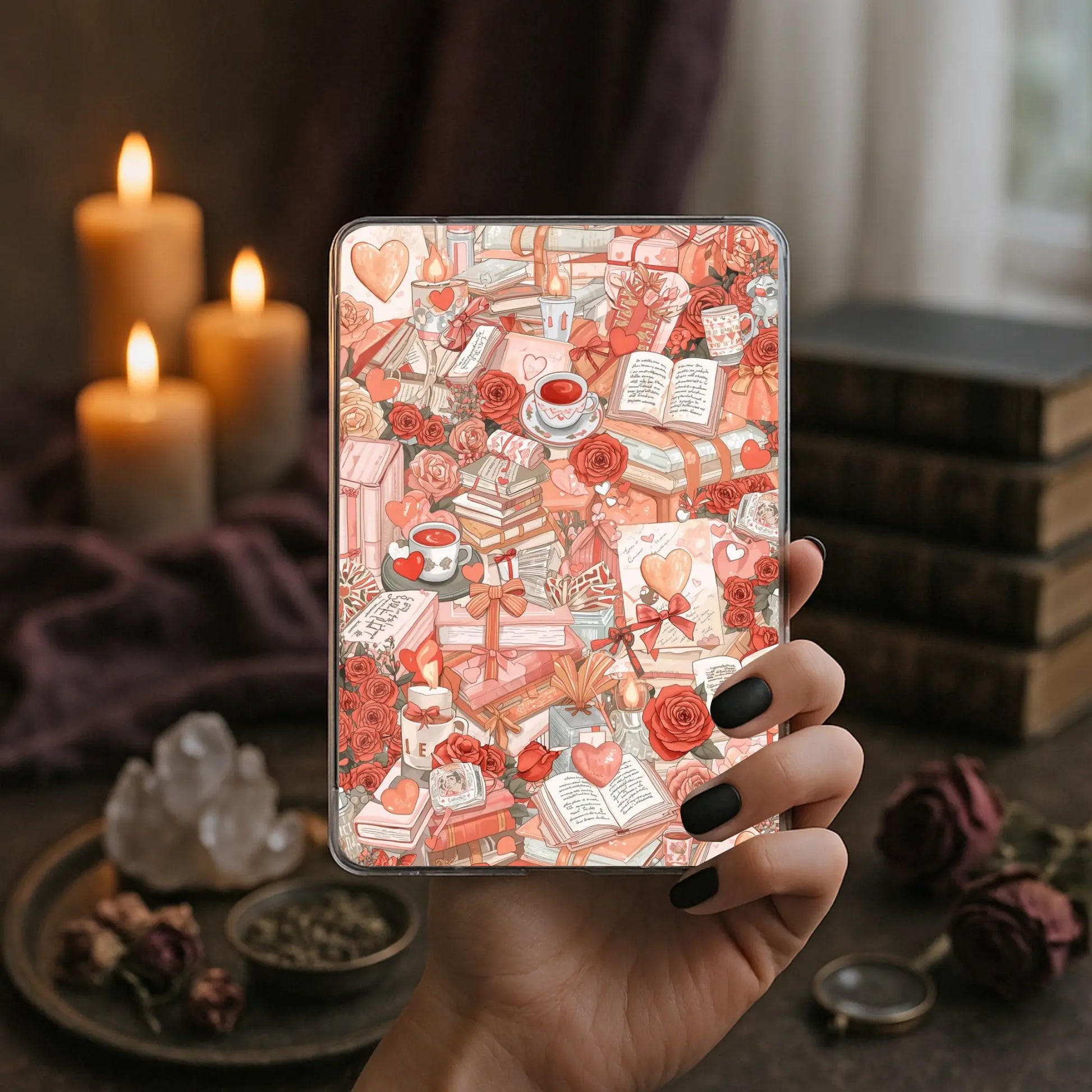 Romantic book lover collage Kindle insert cozy romance bookish aesthetic for readers