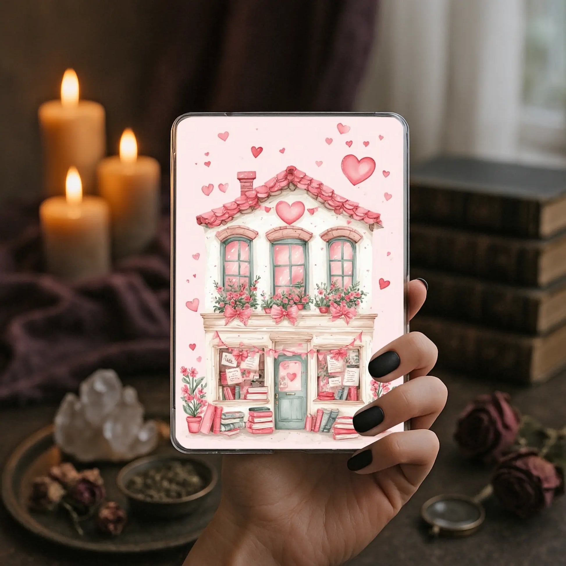 Romantic bookstore Kindle insert with pink bookish aesthetic, books, hearts, and cozy reading decor