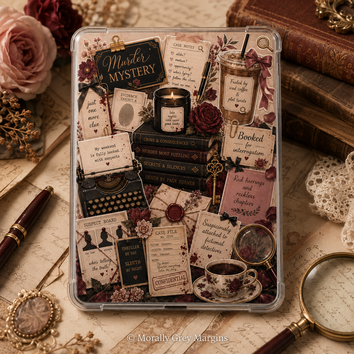 Rose-toned murder mystery Kindle insert collage with case file notes, typewriter, coffee, clues and burgundy flowers