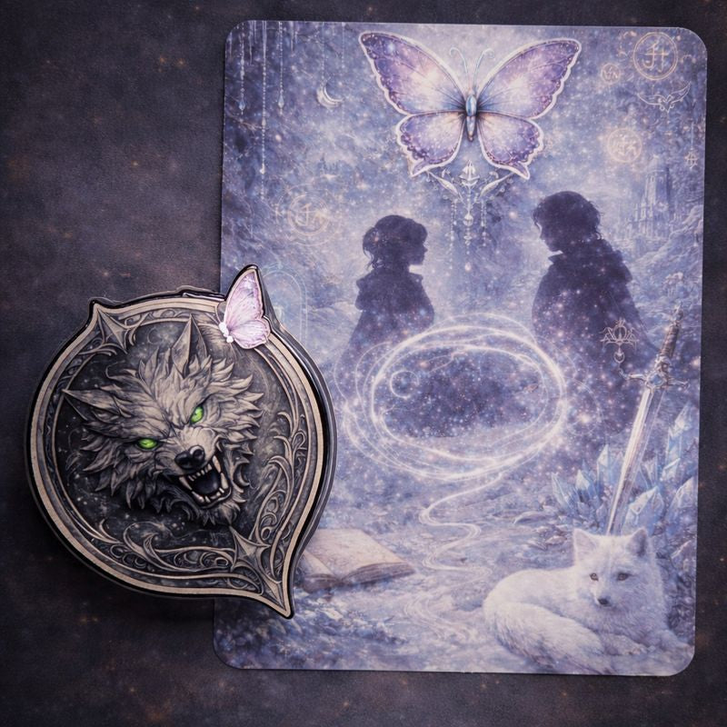 Fantasy romance Kindle insert and MagSafe grip set featuring silver wolf imagery and celestial aesthetic