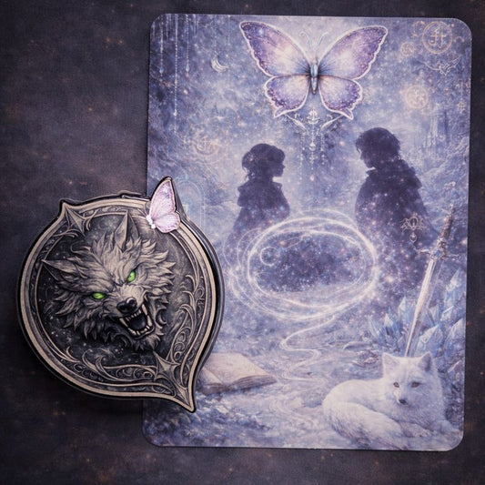 Fantasy romance Kindle insert and MagSafe grip set featuring silver wolf imagery and celestial aesthetic