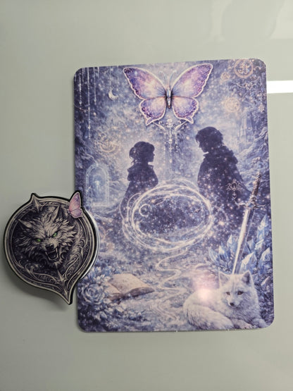 Fantasy romance Kindle insert with silver wolf, celestial symbols, and layered mystical artwork