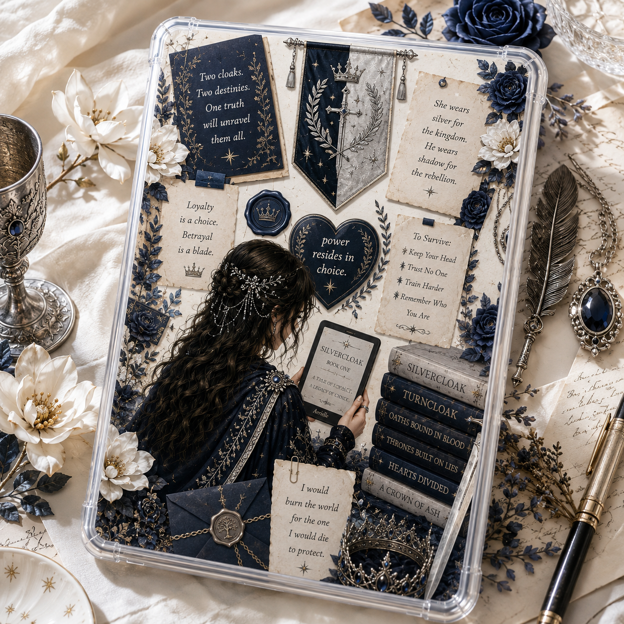 Royal fantasy Kindle insert collage in navy and silver with cloaks, crowns, roses, rebellion notes and a jeweled reader